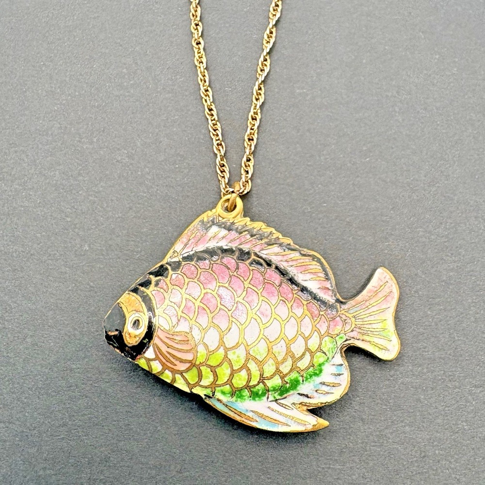 Vintage Cloisonné Enamel Fish Pendant Necklace Puffy Tropical Rainbow Angel Fish